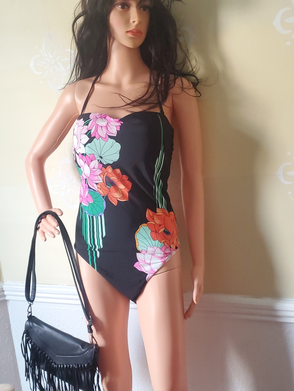 Black Floral One-Piece Swimsuit with Pink & Orange Blooms